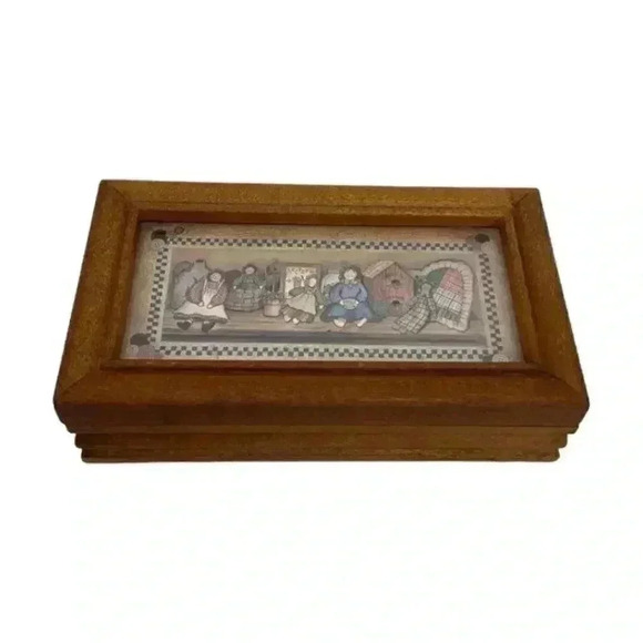 Wooden Jewelry Box Rag Dolls on Shelf Folk Art Print Hinged Lid Country Vintage - Picture 1 of 9